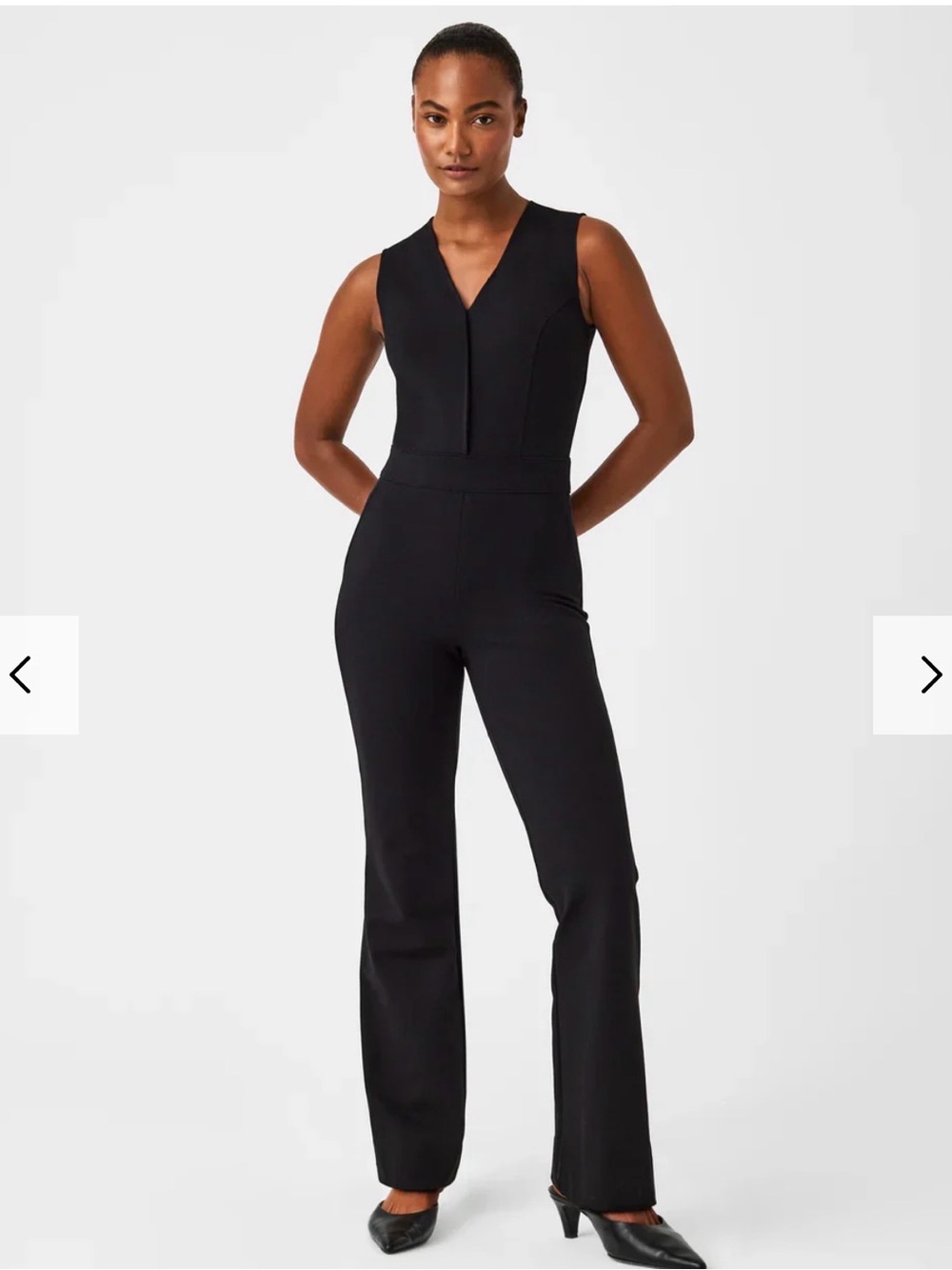 SPANX Perfect Jumpsuit Black V Neck Sleeveless One Piece Ponte Flare Pants S/P